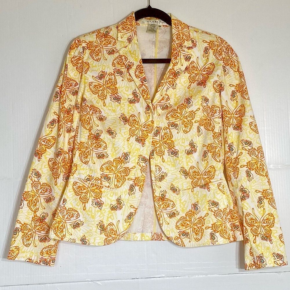 Studio M Petite Yellow Orange Butterfly Print BlazerJacket 10P Dopamine Dressing